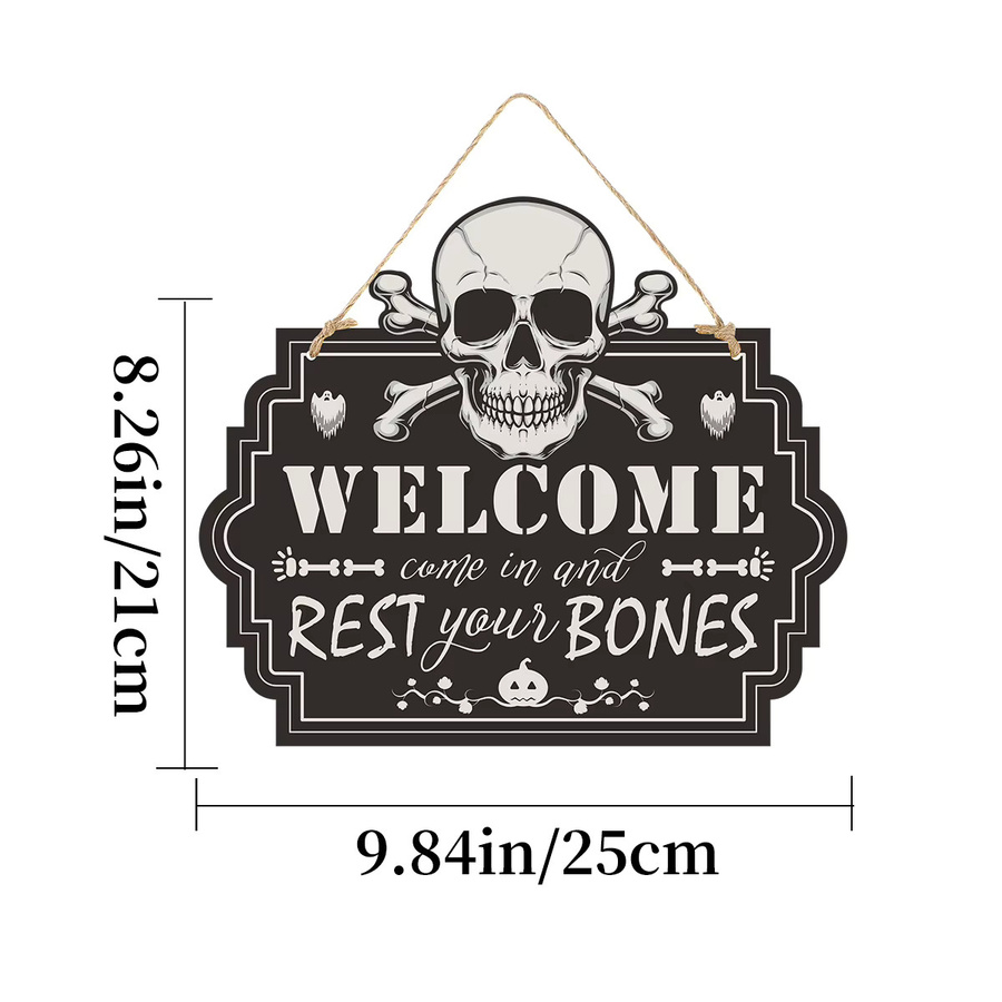 Dekorative Halloween Spukhaus-Hängeverzierung im rustikalen Holzstil mit Kürbis- und Totenkopf-Design - Bild 3