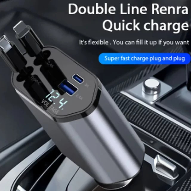 Kebidumei Autoladegerät-Adapter mit 120 W Schnellladung und einziehbaren USB-Typ-C-Kabeln in Multicolour, passend für iPhone 16/15/14/13/12 und Samsung - Bild 1