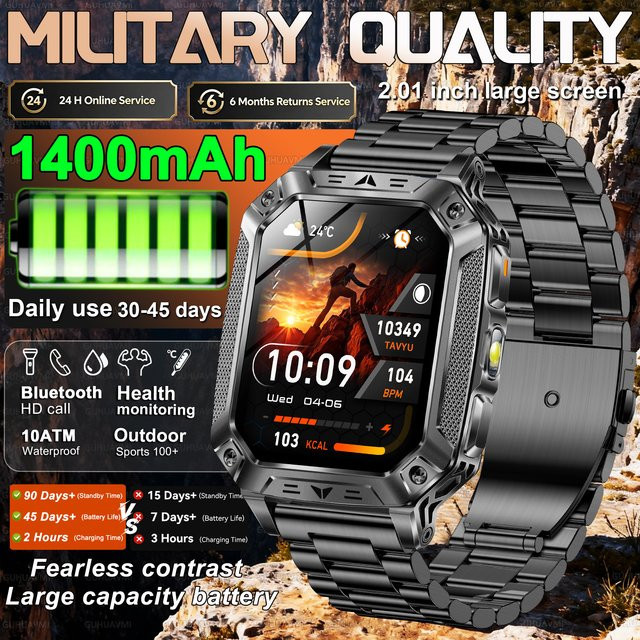 GUHUAVMI Militär Outdoor Smartwatch für Männer mit 2,01 Zoll Display, 1400 mAh Akku, 10ATM Wasserdichtigkeit und Bluetooth Anruffunktion, Schwarz - Bild 1