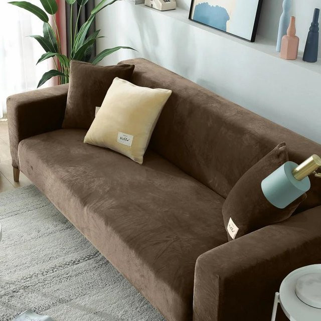 BC-Warm Home Elastischer Sofabezug aus Samt in Braun für Ecksofas und L-förmige Couches, Breite: 235-300 cm - Bild 1