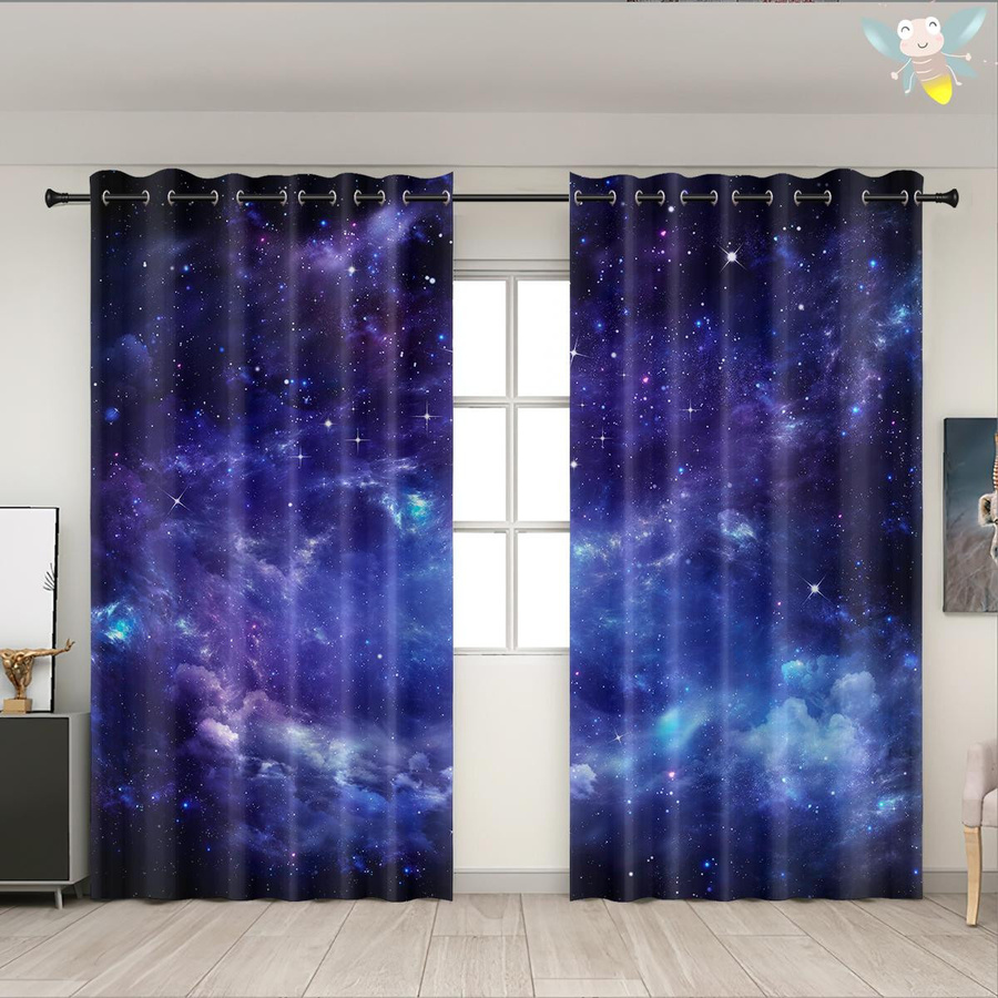 2er-Set hochverdunkelnde Polyestervorhänge mit Nebelgalaxie-Motiv in Blau und Lila, doppelseitig matt, B: 150 cm, H: 166 cm - Bild 3