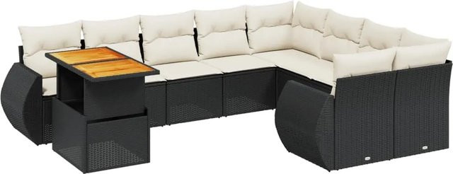 vidaXL 10-tlg. Garten-Sofagarnitur in L-Form aus Polyrattan und Akazienholz mit Kissen, Schwarz-Creme - Bild 1