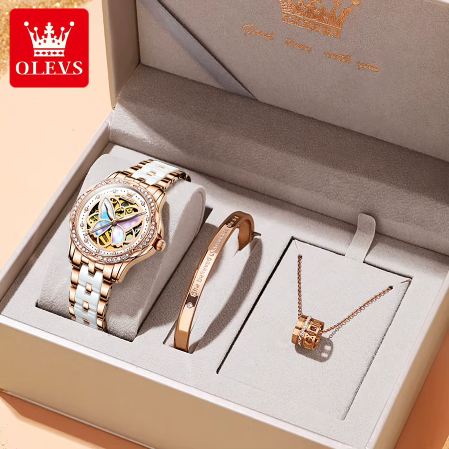 OLEVS Armbanduhr Automatik, Edelstahl, Roségold, Diamant, Zirkonia, Damen - Bild 4