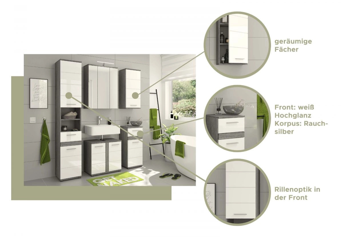 Badezimmer Hängeschrank Bailey von Inn.Furn in Weiß Hochglanz und Rauchsilber Grau mit 3 Fächern - Bild 3