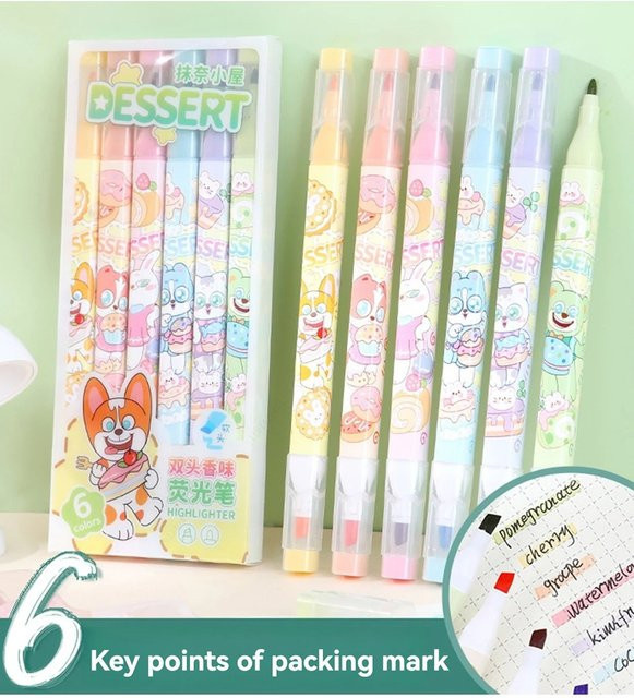 6er Set Kawaii Highlighter mit Obstduft in Pastellfarben und Doppelspitze für die Schule - Bild 1
