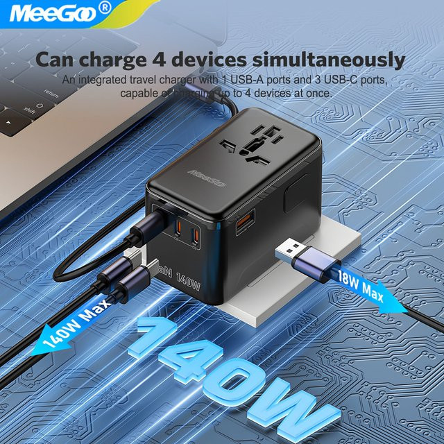 MEEGOO Universeller Reiseadapter DC 140W mit GaN Schnellladegerät und USB-C, All-in-One Reiseladegerät für EU/UK/US/AU mit 2500W AC-Steckdose, Schwarz - Bild 1