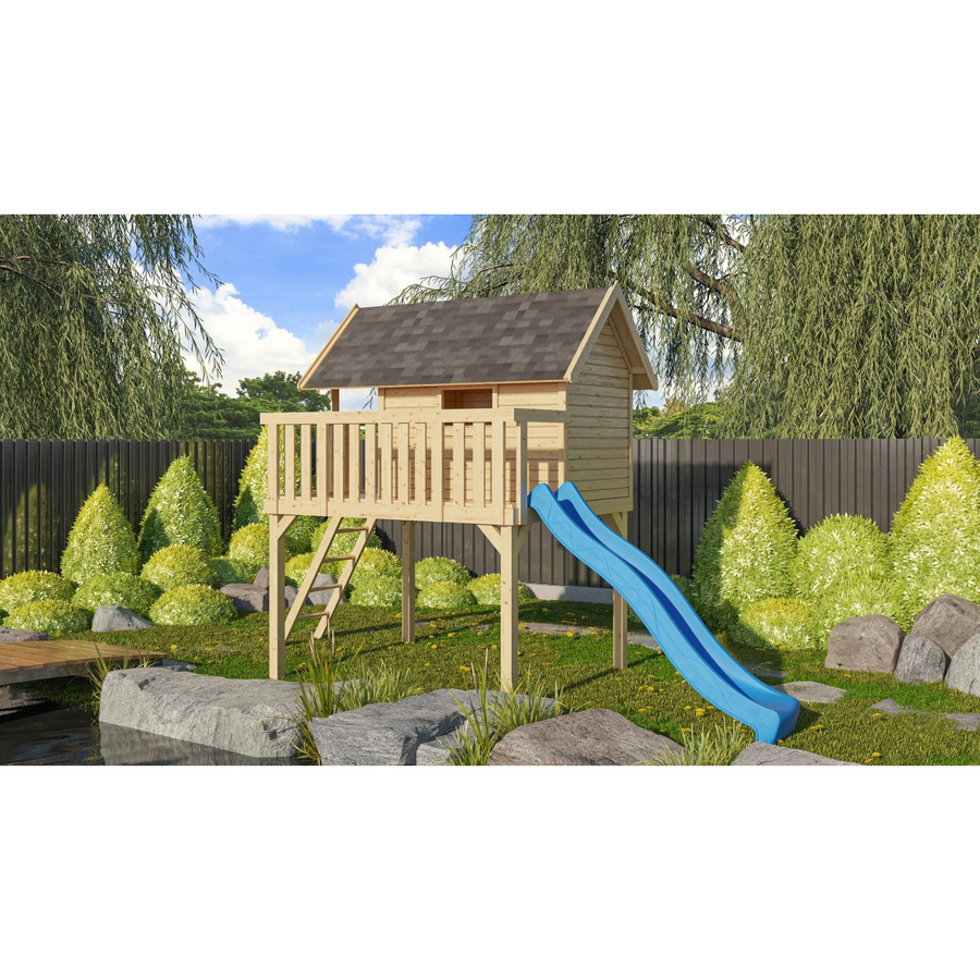 Karibu Stelzenhaus Fidel Set Natur mit blauer Wellenrutsche, B/H/T: 198 x 329,5 x 243 cm - Bild 2