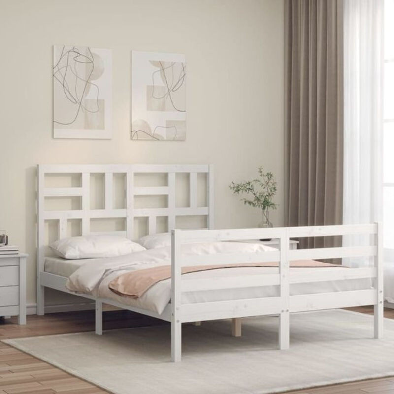 Massivholzbett aus Kiefer mit Kopfteil von Vidaxl in Weiß, B/T/H: 140 x 205,5 x 104 cm - Bild 1