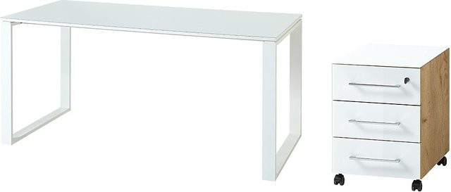 Schreibtisch-Set MUENCHEN von Kadima Design in Chalet-Eiche-Nb. und Weiß mit Glasplatte und Container, B/T: 160 x 80 cm - Bild 1