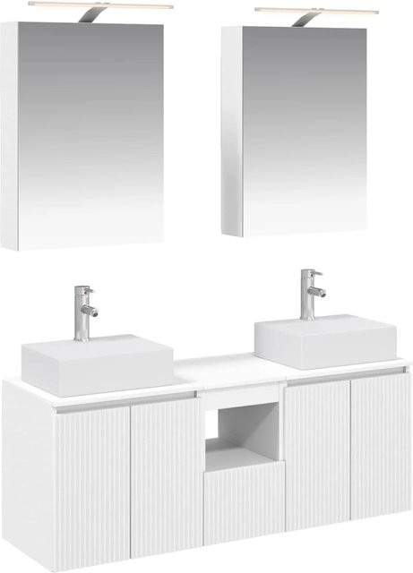 vidaXL Badezimmerschrank-Set in Weiß, modernes 5-teiliges Set aus Holzwerkstoff mit Waschtischunterschrank, Spiegelschrank und LED-Beleuchtung, B/T/H: 70,0 x 46,7 x 50,0 cm - Bild 1