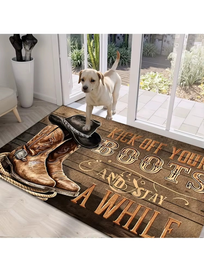 VIKAMA Western Cowboy Fußmatte mit Kick Off Your Boots Aufdruck, Rutschfester und Waschbarer Eingangsteppich im Rustikalen Farmhaus-Stil, Farbe: Braun, B x T: 60 x 40 cm - Bild 7