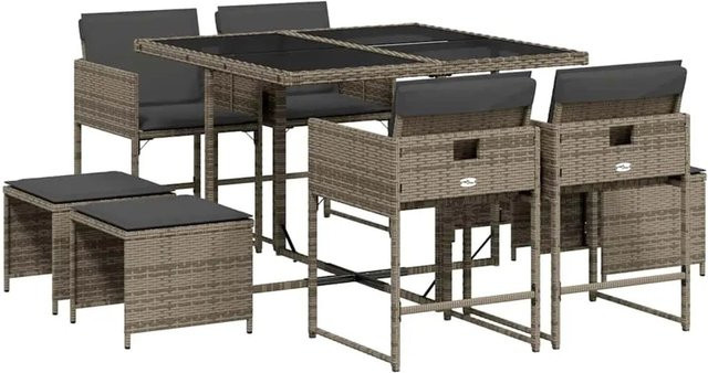 vidaXL 9-teilige Garten-Essgruppe aus grauem Poly-Rattan mit Kissen und Hartglas-Tischplatte - Bild 1