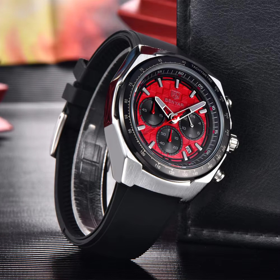 BENYAR Chronograph Herrenuhr, Quarz, Schwarz, Silikon, Datum - Bild 4