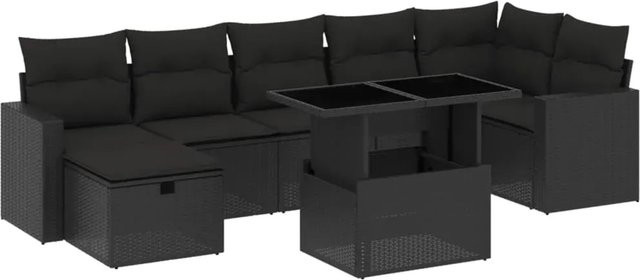 vidaXL 8-tlg. Garten-Sofagarnitur in L-Form mit Kissen und Ottoman, Schwarz, Poly-Rattan mit Metallgestell - Bild 1