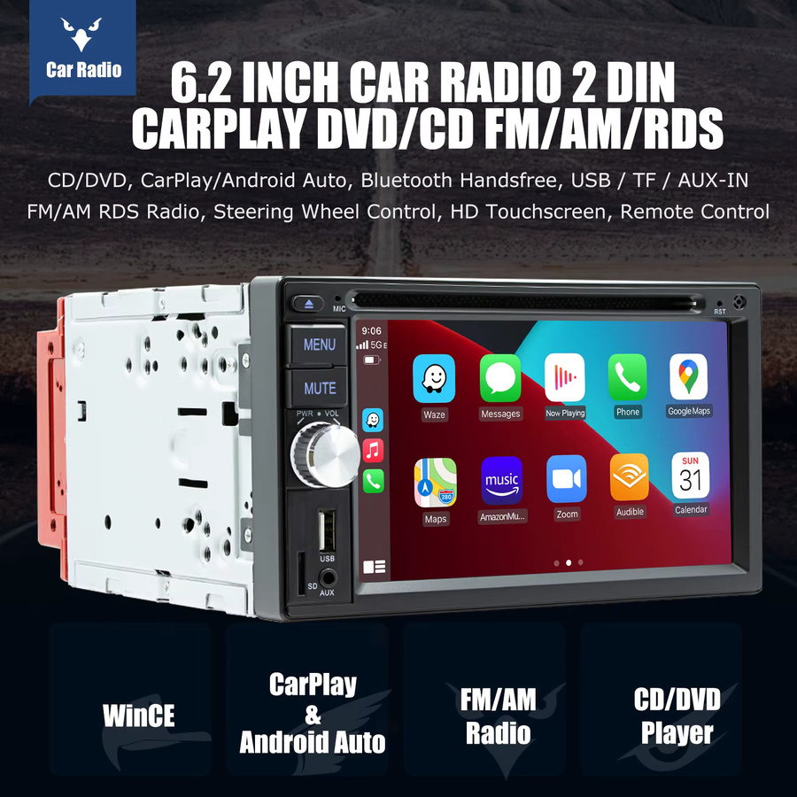 MOPECT Doppel-DIN Autoradio mit 6,2 Zoll Display, Kabelloses Carplay und Android Auto, CD-DVD-Player, Bluetooth, USB, AUX, FM und Mirror Link in Schwarz - Bild 2