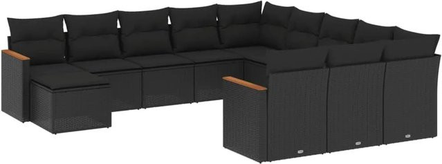 vidaXL 12-tlg. Garten-Sofagarnitur in L-Form aus schwarzem Poly-Rattan mit wetterfesten Kissen und pulverbeschichtetem Stahlgestell - Bild 1