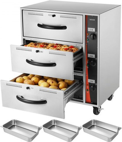 VEVOR Elektrischer Schubladenwärmer aus Edelstahl mit 3 Schubladen, Freistehender Speisenwärmer in Silber, Temperaturbereich 30–85 °C - Bild 1