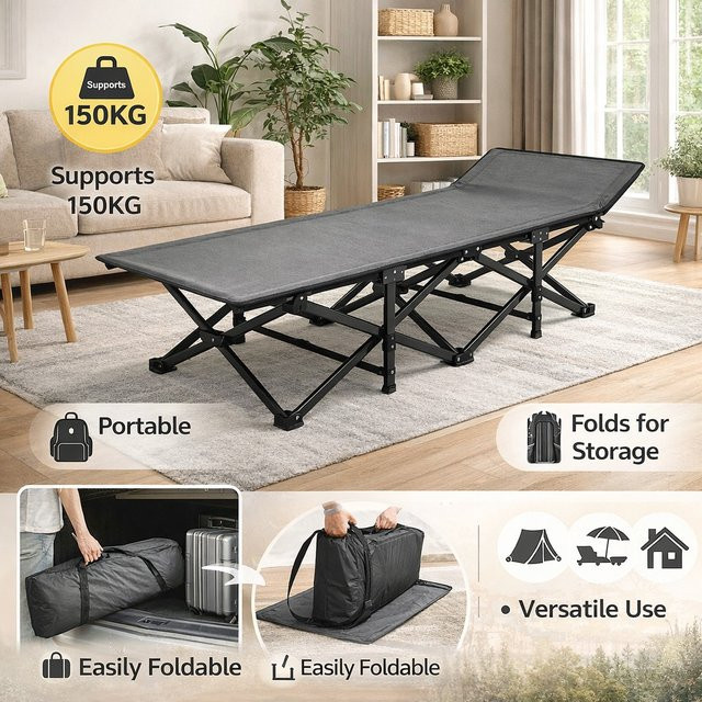 MDUG Tragbares Klappbett in Schwarz, hochbelastbares Gästebett aus Metall mit ergonomischem Komfort für Zuhause, Büro oder Camping - Bild 1