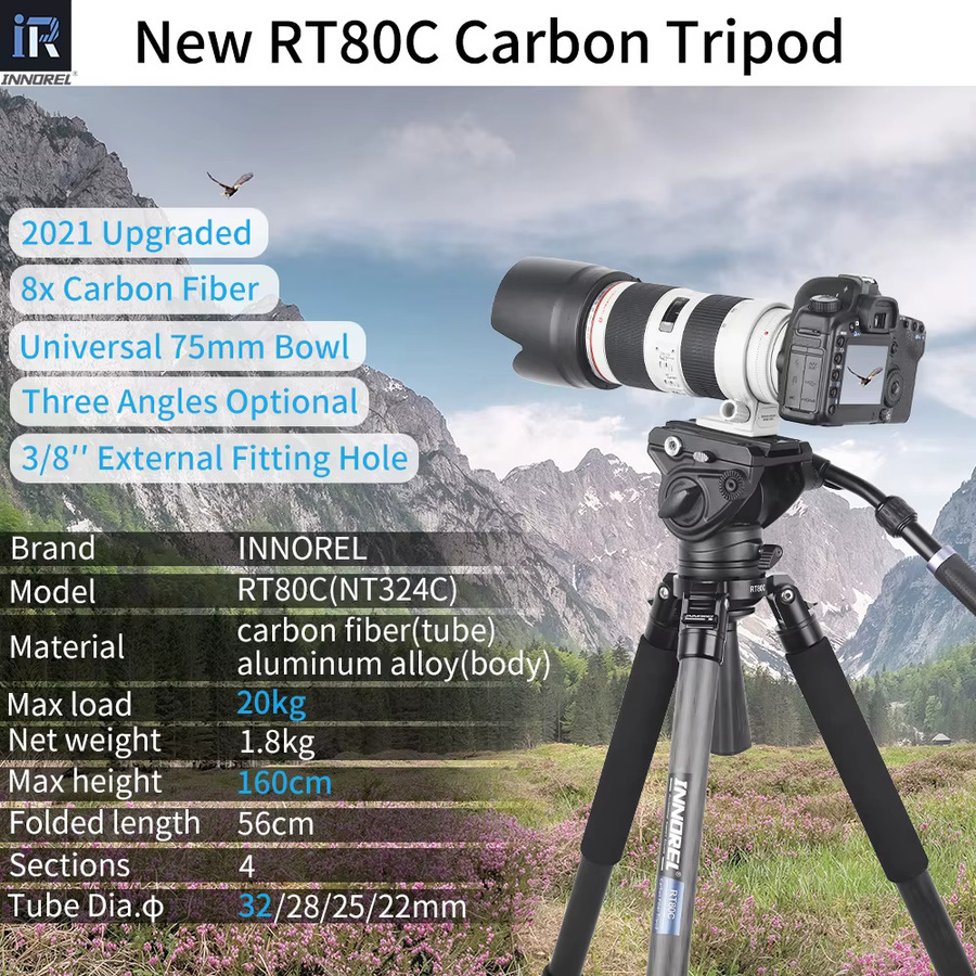 INNOREL RT80C Kohlefaser-Kamerastativ in Schwarz mit 75 mm Schüsseladapter für DSLR, Video und Camcorder - Bild 2