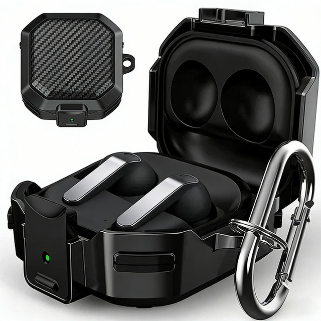 Stoßfeste Kohlefaser-Schutzhülle für Samsung Galaxy Buds 4/4 Pro mit Schalterverschluss in Schwarz und Grün - Bild 1
