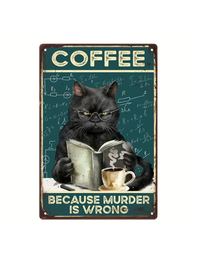 Putuo Decor Vintage Metallblechschild Black Cat mit Kaffeethema in Schwarz, B/H: 30 x 20 cm - Bild 2