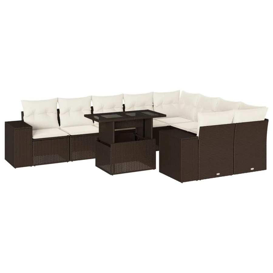 vidaXL 10-tlg. Garten-Sofagarnitur in L-Form aus braunem Poly-Rattan mit cremeweißen Kissen und pulverbeschichtetem Stahlgestell - Bild 2