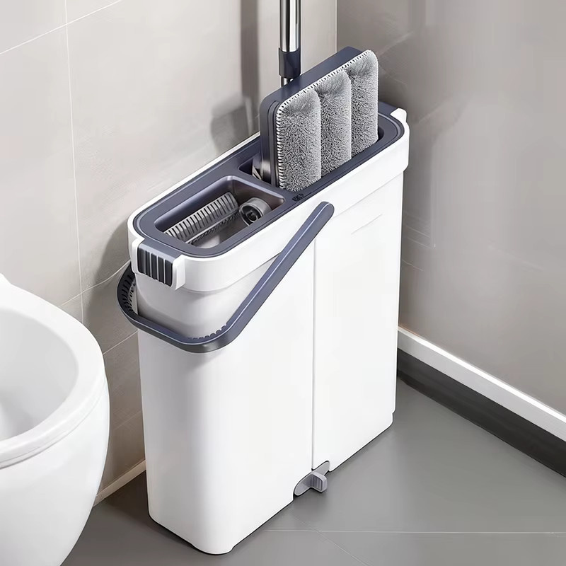 Joybos platzsparendes Moppeimer-Set in Weiß mit selbstreinigendem Flachmopp, integriertem Haarschaber und waschbaren Pads - Bild 5