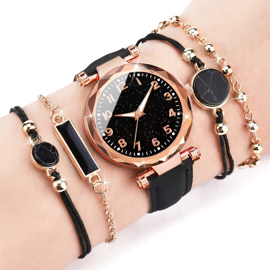 Armbanduhr Set, Quarz, Leder, Schwarz, Damen - Bild 2