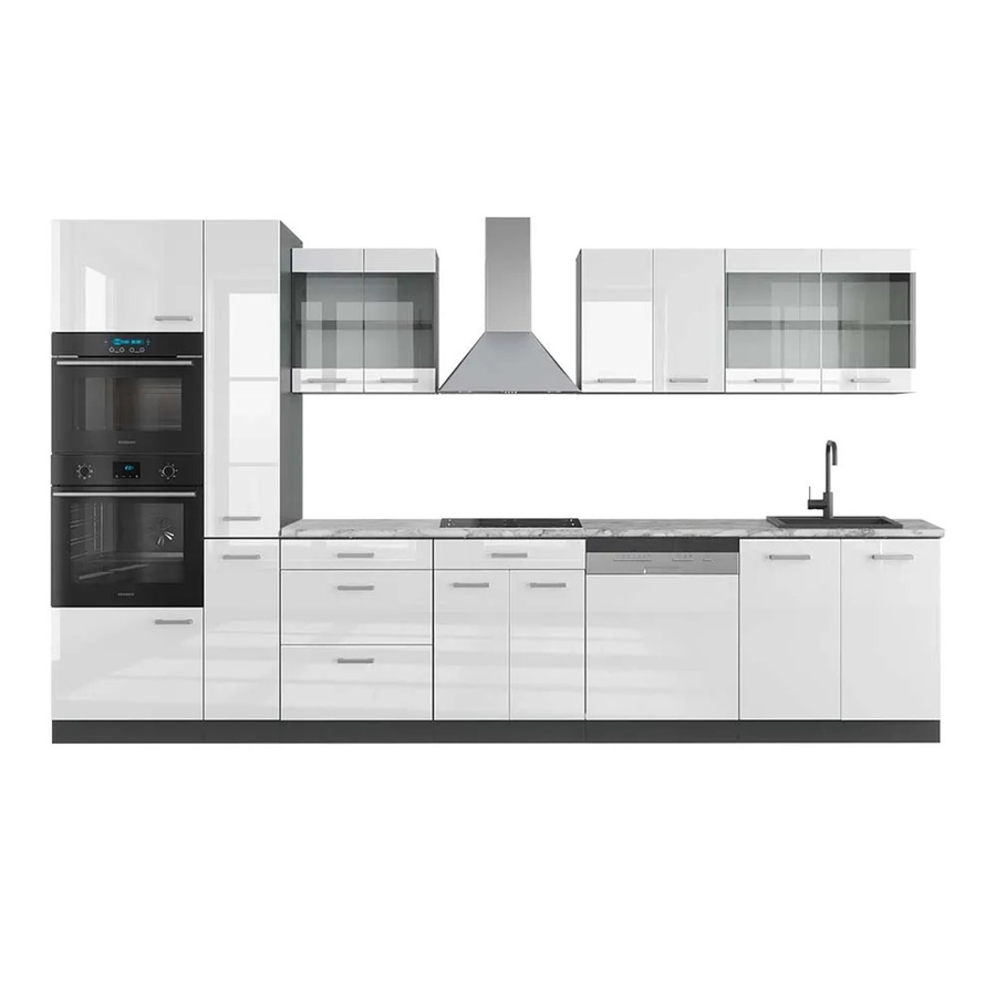 Vicco R-Line Küchenzeile in Weiß Hochglanz und Anthrazit mit Hochschrank und Marmor-Arbeitsplatte, Breite: 350 cm - Bild 2