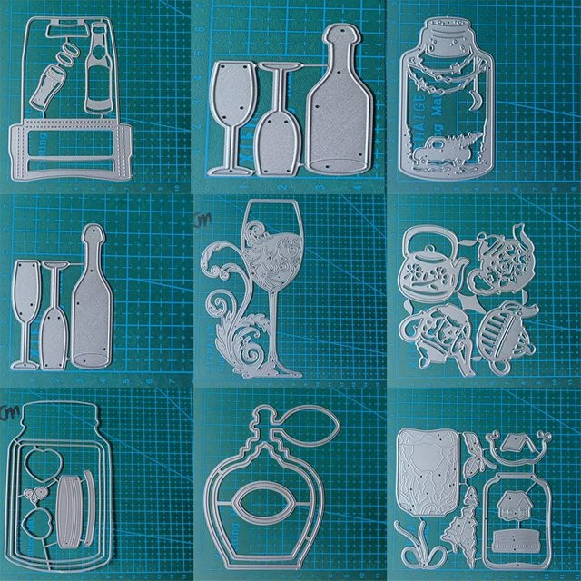 Metall Schneidwerkzeug in Form von Weingläsern und Flaschen für Scrapbooking und Bastelarbeiten, Silber - Bild 1