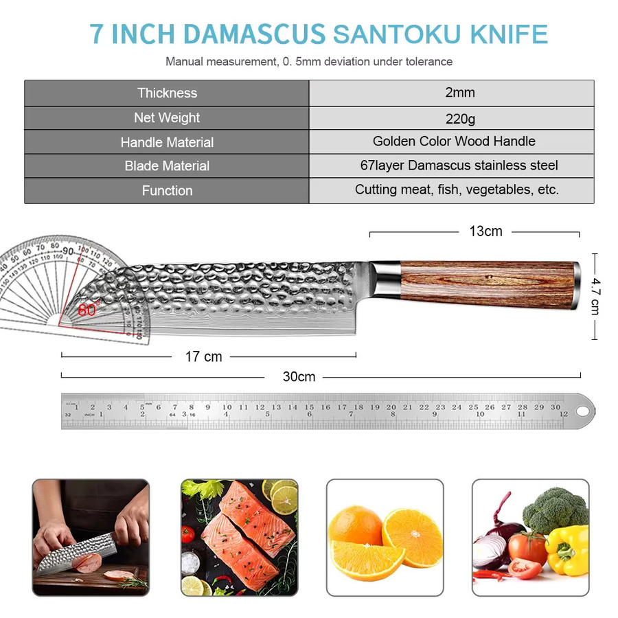 Xituo Santoku Damast-Küchenmesser aus 67-lagigem japanischem Damaststahl mit goldenem Holzgriff, 7 Zoll - Bild 2