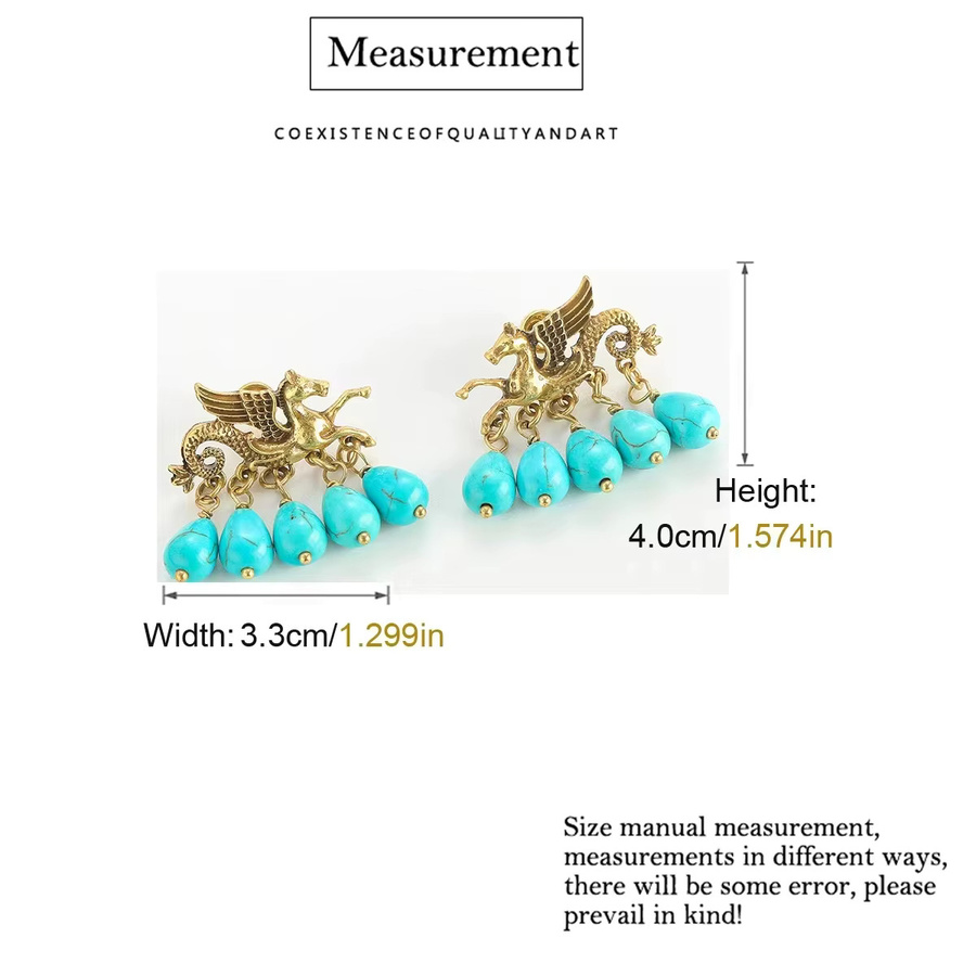 STALAIT Ohrringe, Messing, Gold, fliegendes Pferd, türkisfarbene Wassertropfen, Damen - Bild 3