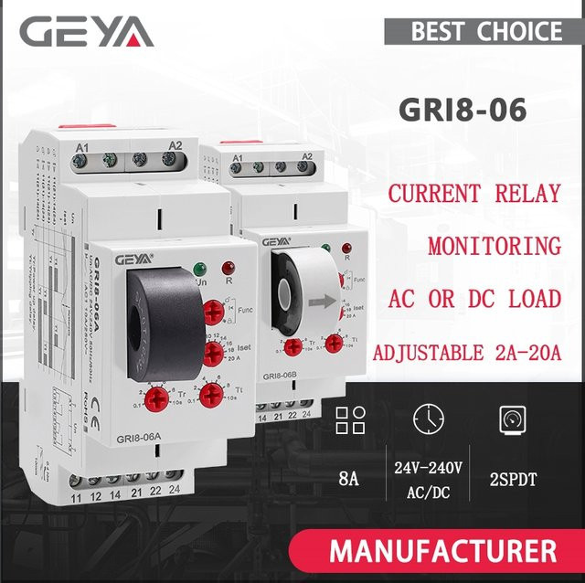 GEYA GRI8-06 DC-Stromsensorrelais, 2CO, 8A, AC/DC-Stromprüfrelais, 24V-240V, Farbe: Weiß, Breite: 18 mm - Bild 1