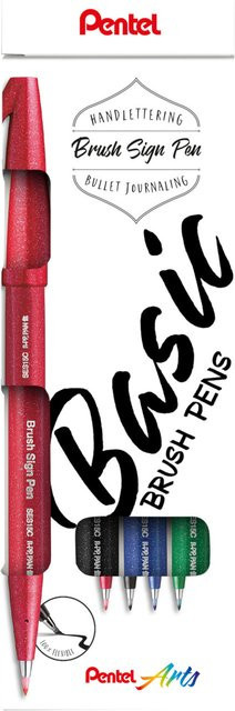 Pentel Brush Sign Pen Kalligrafiestift Set Basic in Rot, Schwarz, Blau und Grün - Bild 1