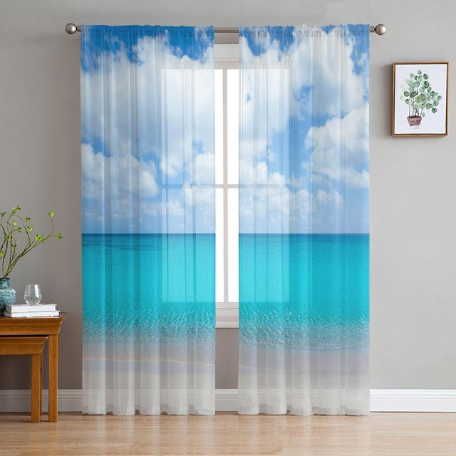 Transparente Chiffonvorhänge mit Türkis-Wasserwellen-Design in Blau, 2er-Set inklusive Haken, Breite: 50 cm, Höhe: 130 cm - Bild 1