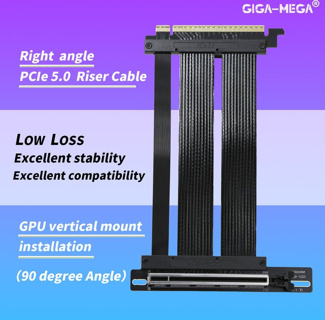 GIGA-MEGA PCIe 5.0 x16 GPU Riser-Kabel Gen5 in Schwarz für die vertikale PC-Montage mit 128GB/s Bandbreite - Bild 1