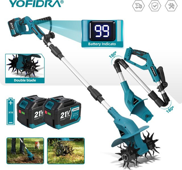 YOFIDRA Elektrische Bodenfräse als kabelloser Gartenkultivator zur Bodenlockerung für Makita LXT Akkus - Bild 1