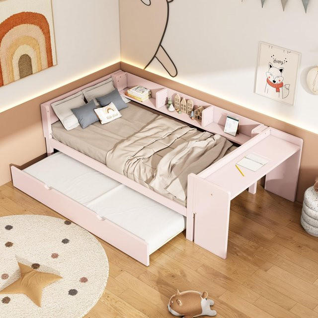 Flieks Schlafsofa Polsterbett aus massivem Kiefernholz mit Schreibtisch und Regalen, Rosa, B/T/H: 241,9 x 112 x 73 cm - Bild 1