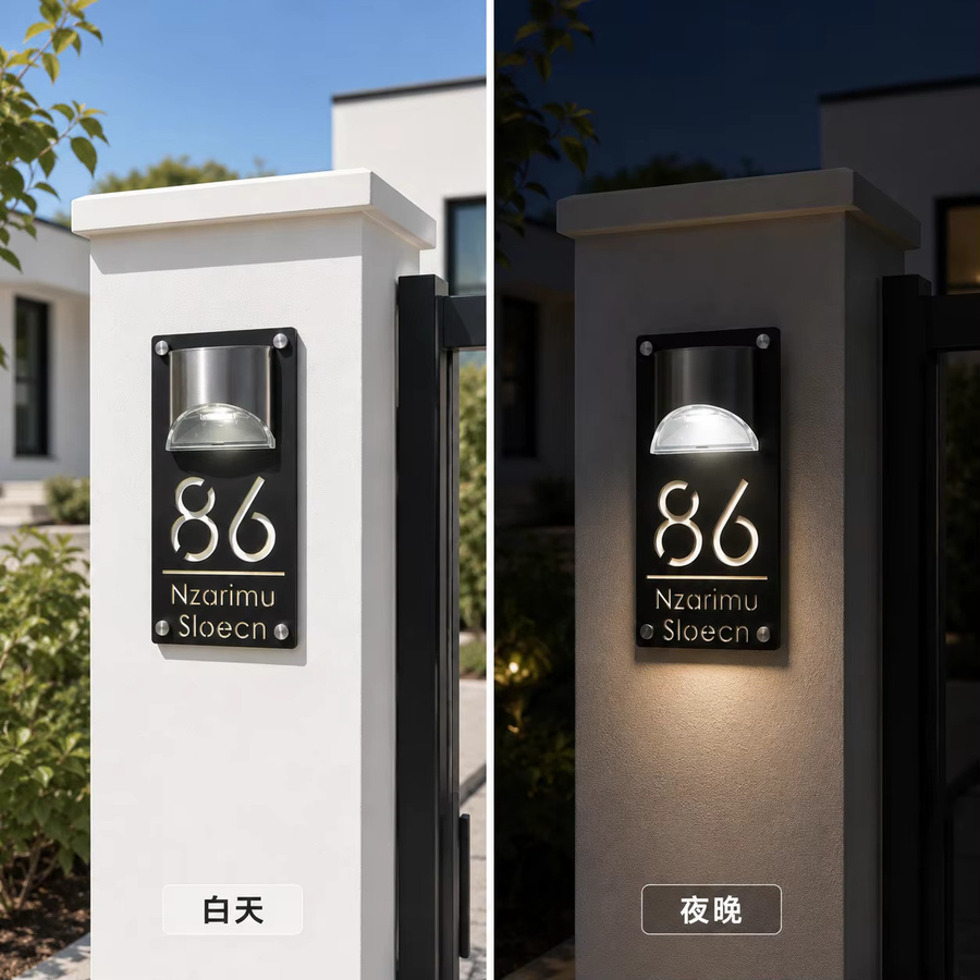 Personalisiertes modernes LED Solar Außenleuchten-Hausnummernschild aus lasergraviertem Acryl als Wandschild für den Garten - Bild 4