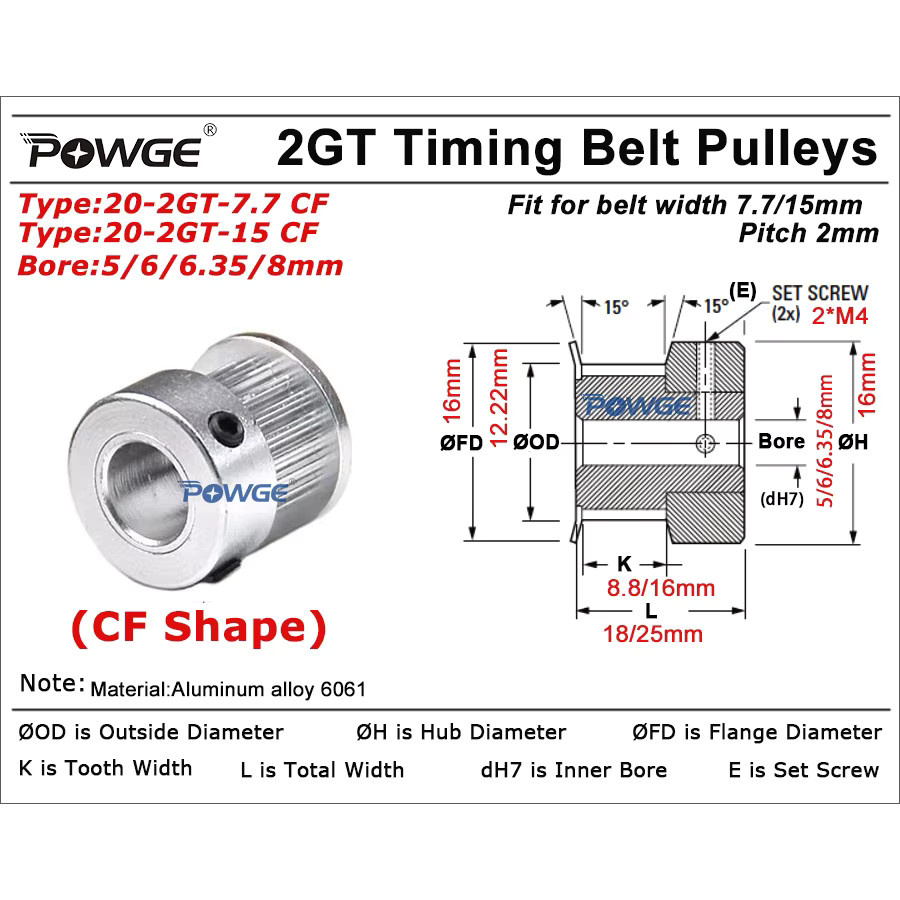 POWGE GT 2GT 2MGT 20 Zähne Umlenkrolle in Silber mit 3/4/5/8mm Bohrung für Riemenbreiten 7,7/15mm passend für Creality K1 und BambuLab 3D-Drucker - Bild 2
