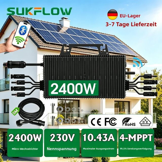 Sukflow Balkon-Solar-Mikrowechselrichter 2400W mit 4 MPPT, Plug-and-Play, WLAN-Überwachung und IP67 Schutz, Schwarz - Bild 1