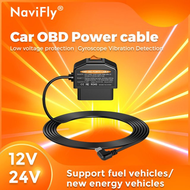 NaviFly Auto-OBD-Stromkabel mit Niederspannungsschutz und Schalter für Dashcam und DVR in Schwarz, Kabellänge: 35 cm - Bild 1