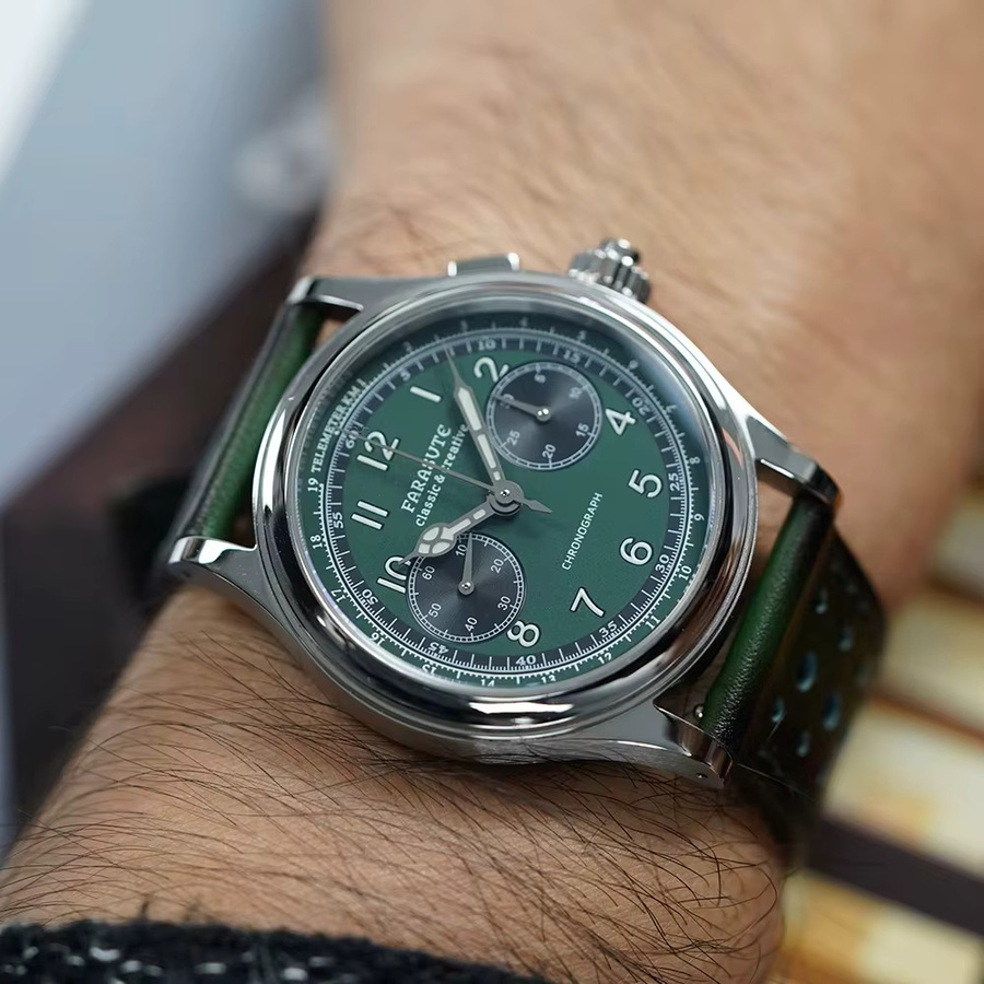 FARASUTE Chronograph, Handaufzug, Edelstahl, Leder, Herren, Grün - Bild 2