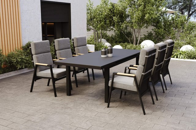 OUTFLEXX Korba Garten-Essgruppe für 6 Personen aus Aluminium und Teak in Anthrazit/Grau mit ausziehbarem Tisch und Polstern - Bild 1