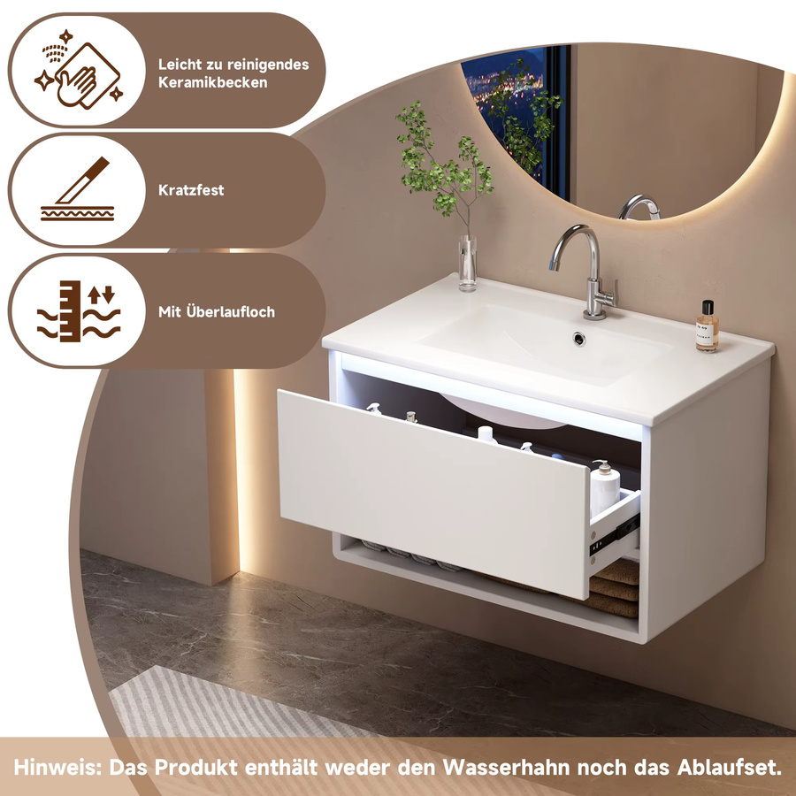 Svintora Badezimmer-Waschtisch in Weiß mit sensorischem LED-Licht, einer Schublade und offenem Regal, wandmontiert und modern - Bild 7
