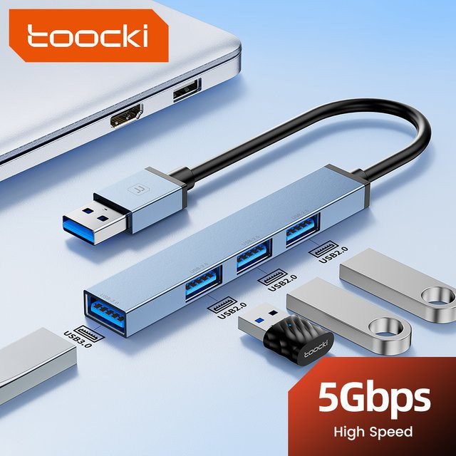 Toocki USB 3.0 Multiport Hub mit 4 USB-A Anschlüssen, High Speed USB Expander Adapter für MacBook und Laptop, Silber/Blau - Bild 1