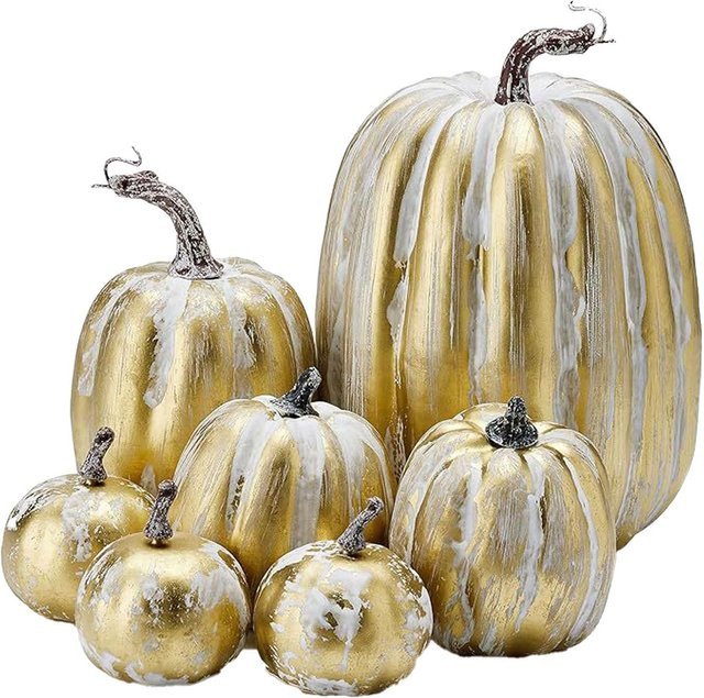7er Set dekorative Schaumkürbisse von OutsideWorld in Gold für Halloween und Herbstdekoration - Bild 1