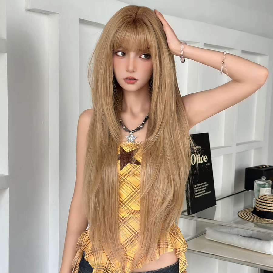 7JHH WIGS Perücke für Damen, lang, gerade, geschichtet, goldbraun, mit Pony - Bild 2