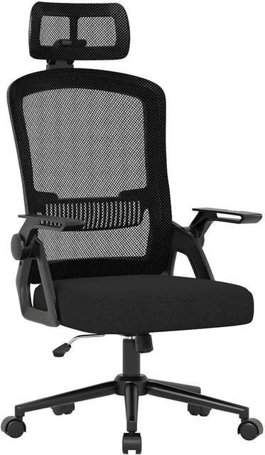 Rattantree Ergonomischer Bürostuhl mit verstellbarer Kopfstütze, hoher Rückenlehne aus Netzgewebe und hochklappbaren Armlehnen, Schwarz, B/T/H: 64,0 x 64,0 x 60,0 cm - Bild 1