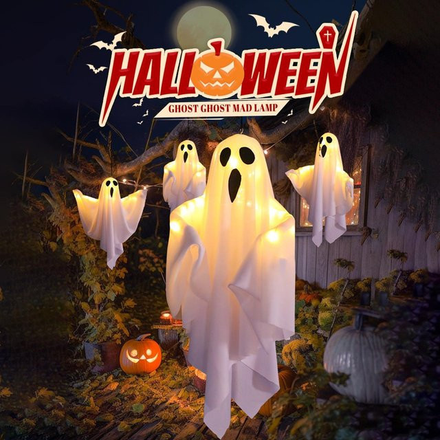 Xingben Six Halloween Hängende Geisterdekoration mit LED-Lichtern, Batteriebetrieben, Weiß, B/H: 50 x 40 cm - Bild 1
